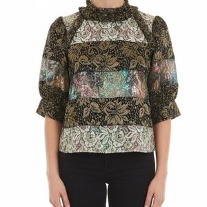 Maison Mayle La Feminine Women’s Gold Floral Lace Blouse Colorful Maximalist 2
